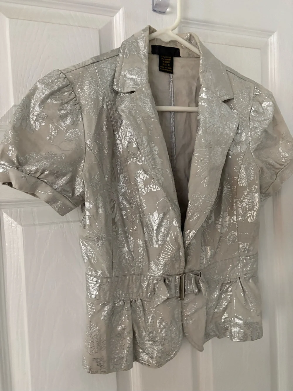 Silver Floral Brocade Peplum Blazer Belted Puff Sleeve Y2K Size S
